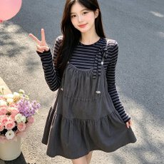 批发韩系套装女小个子拼接条纹背带<b class='q'>连衣</b>裙叠穿长袖系带T恤两件套显瘦