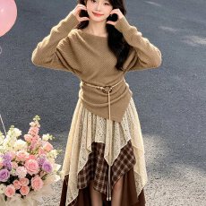 批发温柔系针织上衣<b class='q'>不规则</b>蕾丝格子<b class='q'>半身裙</b>子两件套女早秋云南度假套装