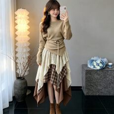 批发轻熟高知一整套穿搭女秋季新款<b class='q'>不规则</b>针织衫格纹拼接<b class='q'>半身裙</b>子套装