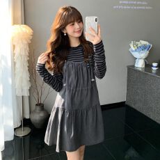 批发韩系穿搭一整套装女秋季新款牛仔吊带连衣<b class='q'>裙</b>叠穿条纹打底衫两件套