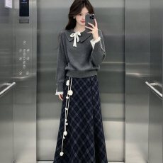 批发法式高级感套装女夏季新款灰色斗篷针织衫搭配格纹A字<b class='q'>长裙</b>两件套