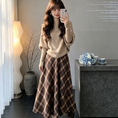 批发韩系精致小套装女春秋新款蝙蝠袖针织衫格子半身裙两件套高级感