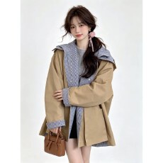 批发卡其色连帽格子风衣女秋冬2026新款设计感小众宽松显瘦巨好看外套
