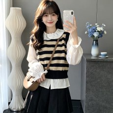 批发大方得体穿搭三件套女春秋新款条纹针织马甲叠穿衬衫百褶裙子套装