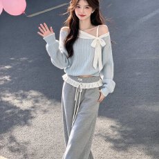 批发韩系甜美斜肩蝴蝶结长袖衬衫搭配阔腿裤子套装<b class='q'>女</b>秋秋冬穿搭两件套