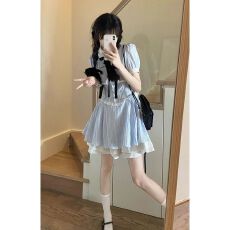 批发原版做法法式蓝白条纹<b class='q'>衬衫</b>领连衣裙女夏清纯少女蓬蓬公主短裙