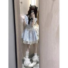 批发原版做法法式蓝白条纹<b class='q'>衬衫</b>领连衣裙女夏清纯少女蓬蓬公主短裙