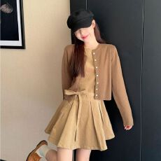 批发美拉德咖色<b class='q'>背心</b>连衣裙子女早秋季2025新款韩系穿搭一整套短裙套装