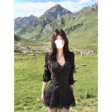 批发黑色V领<b class='q'>蕾丝</b>拼接长袖<b class='q'>西装</b>连衣裙子女秋季2025新款赫本风包臀短裙