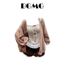 批发氛围感甜美蝴蝶结<b class='q'>蕾丝</b>边吊带上衣+慵懒风开衫+显瘦花苞短裤<b class='q'>两件套</b>