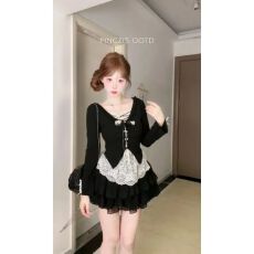 批发纯欲风甜辣设计感假两件蕾丝拼接修身长袖上衣黑色显瘦<b class='q'>蓬蓬</b><b class='q'>裙套装</b>