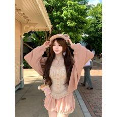 批发甜美纯欲风蕾丝碎花吊带粉色长袖开衫花苞<b class='q'>短裤</b>秋季氛围感三件套装