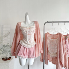 批发纯欲甜辣妹学院风套装粉色蕾丝花边吊带背心开衫<b class='q'>花苞</b>短裤三件套<b class='q'>女</b>