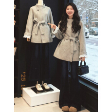 批发法式赫本风高级感灰色立领呢子外套女秋冬新款宽松慵懒风系带外套