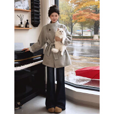 批发灰色立领双面羊绒大衣初冬独特超好看女短款收腰巨好看羊毛呢外套