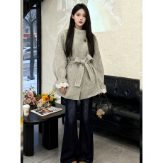 批发短款灰色双面羊绒毛呢子大衣外套女2025年秋冬季新款赫本风小个子