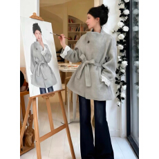 批发高级感灰色毛呢外套2025秋冬新款系带收腰呢子大衣小个子气质女装