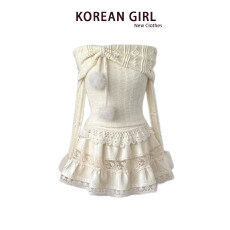 批发纯欲甜辣妹套装女秋冬奶油蕾丝一<b class='q'>字</b>肩上衣珍珠蓬蓬短裙半裙两件套