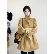 批发卡其色收腰呢子大衣女秋冬2025新款小个子高级感立领绑绳毛呢外套