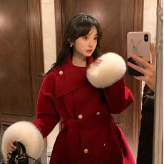 批发高级感千金风红色毛呢外套女2026春季新款中长款收腰系带毛呢大衣