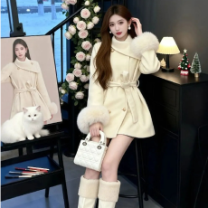 批发韩版小众气质翻领外套秋冬复古温柔风宽松慵懒风中长款收腰大衣女