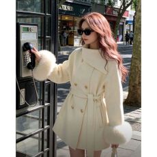 批发韩系千金围脖<b class='q'>双面</b><b class='q'>羊绒</b><b class='q'>大衣</b>袖口毛斗篷毛呢外套女腰带冬装