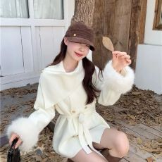 批发韩系千金围脖<b class='q'>双面</b><b class='q'>羊绒</b><b class='q'>大衣</b>狐狸毛袖口斗篷毛呢外套女腰带25秋冬