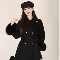 批发冬季新款小香风袖口毛毛加棉毛呢<b class='q'>外套女</b>超火独特加厚大衣纯色上衣