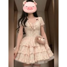 批发夏季在逃公主<b class='q'>蓬蓬裙</b>2026新款蕾丝拼接高腰泡泡袖碎花茶歇<b class='q'>连衣裙</b>女