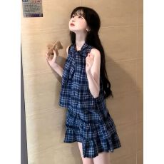 批发蝴蝶结蓝色<b class='q'>条纹</b>格子连衣裙子女夏季2026新款无袖挂脖吊带背心<b class='q'>短裙</b>