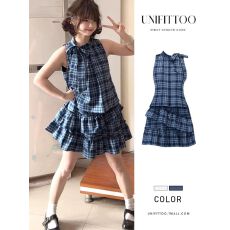 批发蝴蝶结蓝色<b class='q'>条纹</b>格子连衣裙子女夏季2026新款无袖挂脖吊带背心<b class='q'>短裙</b>