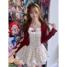 批发微胖元气少女蝴蝶结小飞袖樱桃碎花裙