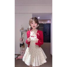 批发纯欲风蕾丝碎花背心<b class='q'>连衣裙</b>套装女春<b class='q'>夏</b>樱桃薄款开衫性感收腰短裙子