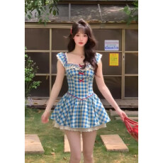 批发爱神降临 法式复古蓝色格子小飞袖<b class='q'>连衣裙</b>高级感小个子蓬蓬短裙女