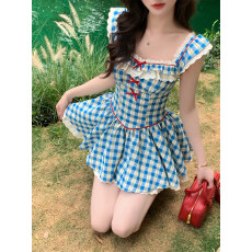 批发法式复古蓝色格子小飞袖<b class='q'>连衣裙</b>高级感蓬蓬裙女