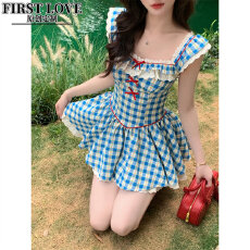 批发法式甜美森系复古蓝色格子小飞袖<b class='q'>连衣裙</b>高级感蓬蓬裙开衫套装<b class='q'>夏</b>季
