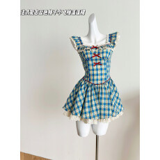 批发法式独特漂亮掐腰蓝色格子蓬蓬裙女<b class='q'>夏</b>日绝美吊带裙减龄收腰小裙子