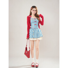 批发法式复古蓝色格子小飞袖<b class='q'>连衣裙</b>高级感小个子蓬蓬短裙女