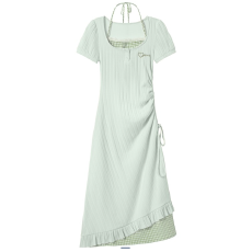 批发甜美假两件针织<b class='q'>连衣裙</b>女夏季小个子荷叶边松花黄裙子