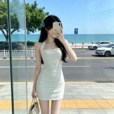 批发辣妹挂脖网纱<b class='q'>连衣裙</b>褶皱紧身收腰显身材纯欲风斩男风无袖包臀短裙