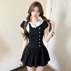 批发日系古早千金风波点连衣裙<b class='q'>女</b>夏季<b class='q'>新款</b>蝴蝶结泡泡袖公主风花苞短裙