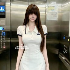 批发韩版ins风miu系polo领显瘦纯欲甜美小白裙连衣裙