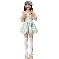 批发桔梗house 海盐草莓 蓝白格纹蝴蝶结吊带<b class='q'>花苞</b><b class='q'>连衣裙</b>高腰甜妹套装