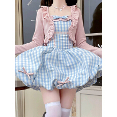批发桔梗house 海盐草莓 蓝白格纹蝴蝶结吊带<b class='q'>花苞</b><b class='q'>连衣裙</b>高腰甜妹套装