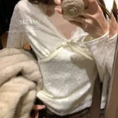 批发撩人ootd韩系气质温柔蝴蝶结显瘦打底衫<b class='q'>蕾丝</b>衫女秋冬皮草内搭上衣