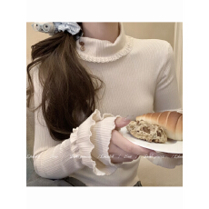 批发杏色立体荷叶边高领长袖打底衫女秋冬2025新款百搭修身高级感上衣