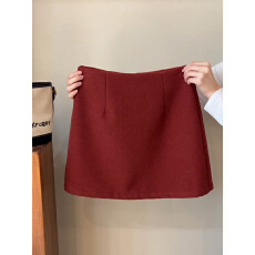 批发已出大货韩系复古减龄红色毛呢短款半身裙女秋冬小个子a字包臀裙
