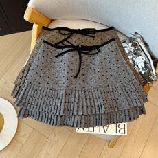 批发实拍大货秋冬季韩系灰色波点包臀半身裙女高腰显瘦蝴蝶结百褶短裙