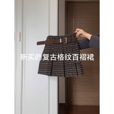 批发已出大货时尚百搭复古格子<b class='q'>百褶</b>裙女高腰显瘦学院风毛呢半身裙短裙