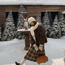 批发已出大货 冬上新韩系复古百搭磨毛格纹侧麂皮扣中长打褶半身裙